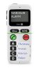 A white candybar phone with rectangular screen and a small number of buttons.