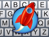 Square picture of partial keyboard overlaid with a red rocket in the center enclosed in a blue "speech bubble."
