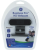 Business Pro HD Webcam in packaging: an oblong object atop a stand and base.