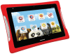 Black tablet with red case displaying a menu screen with various icons.