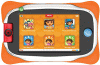 Tablet-style console with orange background and menu pictures. There are large buttons on either end of the device.