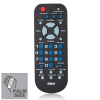 A palm-sized remote with color-coded buttons with large text. The remote has a row of three buttons to control three devices.