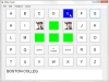 On-screen keyboard arranged by alphabet with 9 function keys in the middle. Two of these keys have a picture of a man with the word "speak", and 4 keys are bright green. The mouse is pointing at a blue key and the bar at the bottom shows the text that is being written.