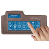 The Primo! Environmental Control Unit with a finger touching the display. The unit is brown, an irregular rectangle in shape, and has an interactive display showing control options. A smaller display is at the top-left of the unit.