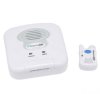 White, cordless intercom base station with small portable personal alert pendant.