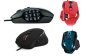 Various models of gaming mice. All models feature additional buttons on the side and top compared to standard mice. Some models have as many as 12 buttons in a keypad formation on the side. Two of the models are wired; the other two are wireless. Three of the models are black (one with blue trim and backlighting); the remaining mouse is red. Two of the mice have multiple slots and raised areas of the mouse with controls on them.