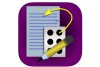 BrailleText App icon showing a purple square with a sheet of paper that is overlaid with a braille block with 6 points and a pencil. A yellow arrow is drawn extending from the braille and pointing it to the paper.