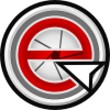 Round software logo featuring a lowercase red-letter e with an outline of an arrow pointed toward its center inside gray and black circles.