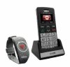 Wireless home phone on dock features led screen and large font buttons, and comes with a smartwatch looking device. 