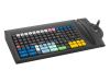 Black keyboard with multicolored keys and magnetic stripe reader