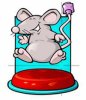 Cartoon image of a smiling mouse jumping on a red button.