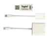 White USB with Lightning adapter cable beneath and an additional Lightning adapter with charging port.