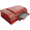 Red Braille printer with paper feeder tray on bottom.