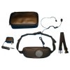 Leather waistpack, voice amplifier with headphones, microphone, charger, and waistpack clip.