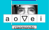 A screenshot of a user using CiaoMundo's 5-letter, eye-controlled keyboard with predictive type. The screen shows 5 symbols, "a," "o," a small triangle, and "i."
