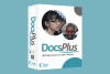 Angled view of DocsPlus software box showing cover that features pictures of two child faces.