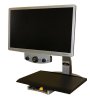 Medium-sized monitor with a connected platform underneath at its base. The platform allows materials to be placed and magnified. On the bottom front edge of the monitor, there are three round knobs.