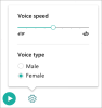 Voice Selection menu with options to select voice speed and male or female voice type.