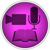 Shows the logo of Note Studio which is a circle of magenta in color with icons of a mic, a video camera and an open book.
