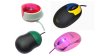 Various models of kids computer mice. Some are brightly colored with LED backlighting. Some feature different colored left and right-click mouse buttons. Some have only one large click button. All models are smaller than standard mice.