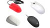 Various models of washable mice. Some models resemble exactly a standard mouse. Some models do not have a traditional scroll wheel and instead have a flat click-style or touch-sensitive scroll design. Two of the mice are wireless. Two mice are white; another is black; and the fourth mouse is bright red with a black USB cord attached.