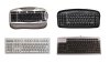 Various models of left-handed keyboards. They resemble standard keyboards, with the exception that the numeric keypad is on the left side. The letter keys on some models are slightly slanted 45 degrees (in rotation, not in height) for increased ergonomics. Two keyboards are grey with black keys; one is back; another is white.