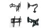 Various models of smart TV mounting systems. They resemble wide rectangular brackets attached either directly against a wall or else to another set of brackets and hinges that act as a "neck" and bolt into a surface. One model has a bendable, articulating "neck" that allows for height and angle adjustments. This style clamps to the edge of a table. All models are black.