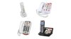 Various models of photo-dial telephones. They resemble standard telephones, but with pictures instead of numbers. Two models also have a number of pads as well as photo buttons. On one, the phone is cordless, with the photo button menu located on the receiver component and a standard number pad on the handset itself. On the other model, the corded phone has a set of nine photos speed-dial buttons at the top, with a standard keypad below. The other two models only have photo buttons and no number pad.
