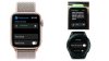 Various types of accessibility features in connected wearables (smartwatches). The first image shows a smartwatch menu offering font size and screen brightness adjustments. Another photo shows a message on a smartwatch screen advising that "apps with dynamic text support will adjust to your preferred font size." A third image is of a smartwatch displaying a hearing accessibility menu, which offers the option to "mute all sounds" and a toggle On/Off button.