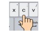 A cartoon illustration of a hand pointing to the letter "C" on a touchscreen device keyboard.