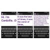 Screenshots of a messaging app with the keyboard at the bottom of the screen and the typed message above. The typed messages are in large-font, purple font.