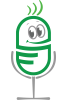 Green cartoon image of microphone with smiling face.