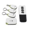 Image of three white oblong keychain devices, a small white square device, and a white and black remote with four labeled buttons.