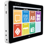 Side view of tablet-sized device with colorful grid of symbols on the display screen.
