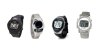 Different models of talking watches. They resemble standard digital wristwatches. Two are black, and two are silver.