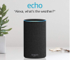 A tall, black, and cylindrical device resembling a tower. A quote reads, "Alexa, what's the weather?"