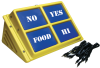 A medium-sized, yellow, and rectangular device that features four blue squares with writing. The squares read "no," "yes," "food," and "hi." The device has a built-in kickstand. A black cord is shown next to the device.