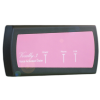 A black, rectangular box with a pink label that features white font.