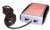 Small, rectangular device with cord, pink depressible surface on top, and two function controls on front edge. 