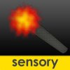 Black square with a sun-like image in the upper left at the end of stock. The word sensory in lowercase appears in a yellow bar across the bottom.