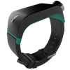 Sleek black and teal colored wrist band with a rectangular-shaped device across the top and a round-shaped opening at the top right.