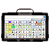 A tablet device displaying a large grid of icons and a text input bar at the top.
