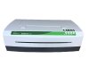 White rectangular printer with narrow green control panel on the front and four control knobs on the right. 