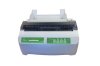 White desktop printer with sheet feeder in back and two green control panels in front.