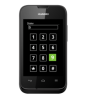 A black cellphone which displays the numeric dial pad on the touch screen and number 9 is highlighted in green.