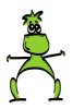 Cartoon image of a smiling green dinosaur-like figure facing forward with the legs spread wide and the arms out to the sides.