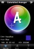 A color wheel with a bold, white letter "A" on top. There is a selection pointer placed over a bold blue color. Underneath, a menu displaying the hex value and other color attributes.