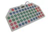 Trapezium-shaped keyboard with keys in different colors.